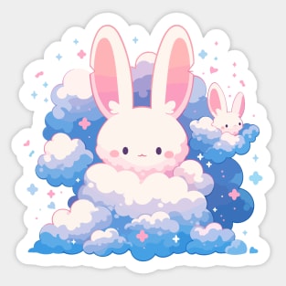 Cute Baby Bunny Rabbits Floating In The Fluffy Clouds Sticker